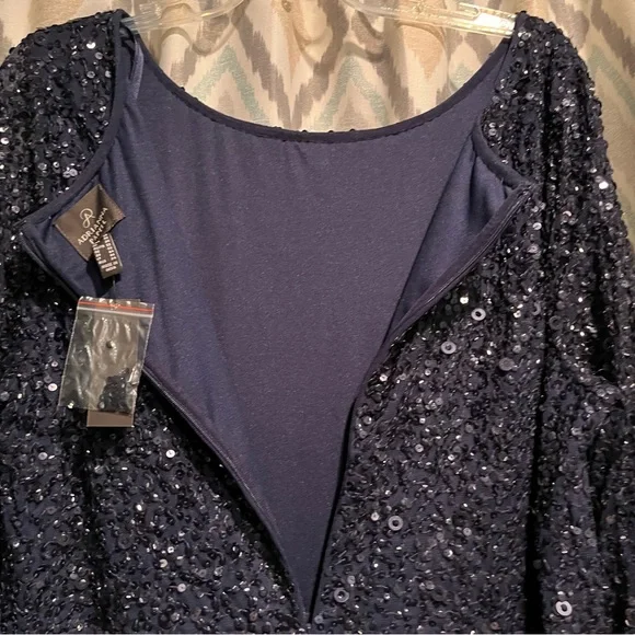 Adrianna Papell New Womans Beaded Boat Neck Gown Navy Blue Size 20 Flared Sleeve - Picture 7 of 10